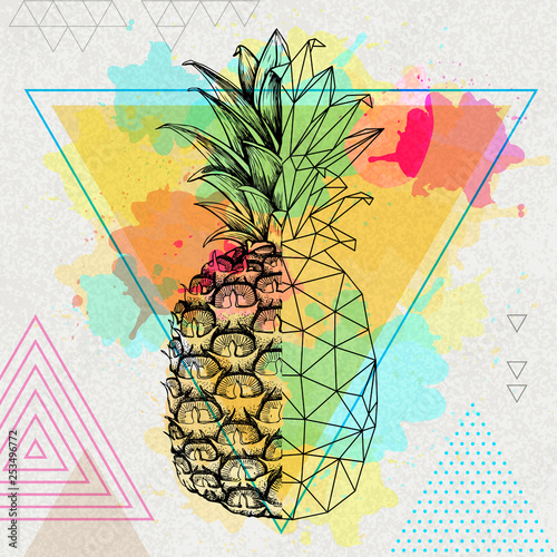 Hipster realistic and polygonal tropic fruit pineapple on artistic triangle watercolor background