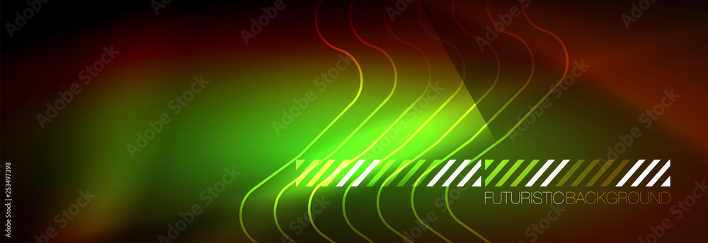 Neon glowing techno lines, hi-tech futuristic abstract background template with square shapes Neon glowing techno lines, hi-tech futuristic abstract background template with square shapes