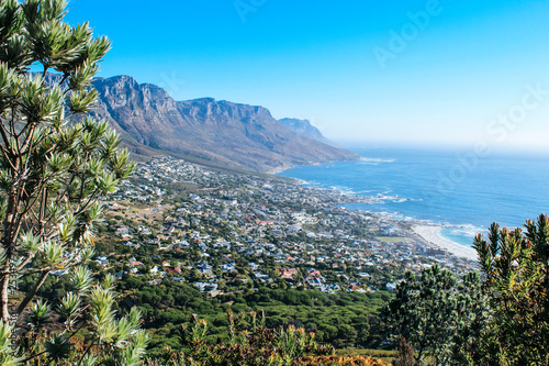 Aerial view of camps bay and table mountain seen from the Lion's Head peak lookout point