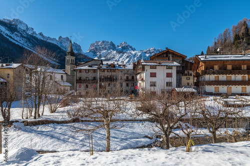 Forni di Sopra winter. Ancient mountain village. Pearl of the Friulian Dolomites