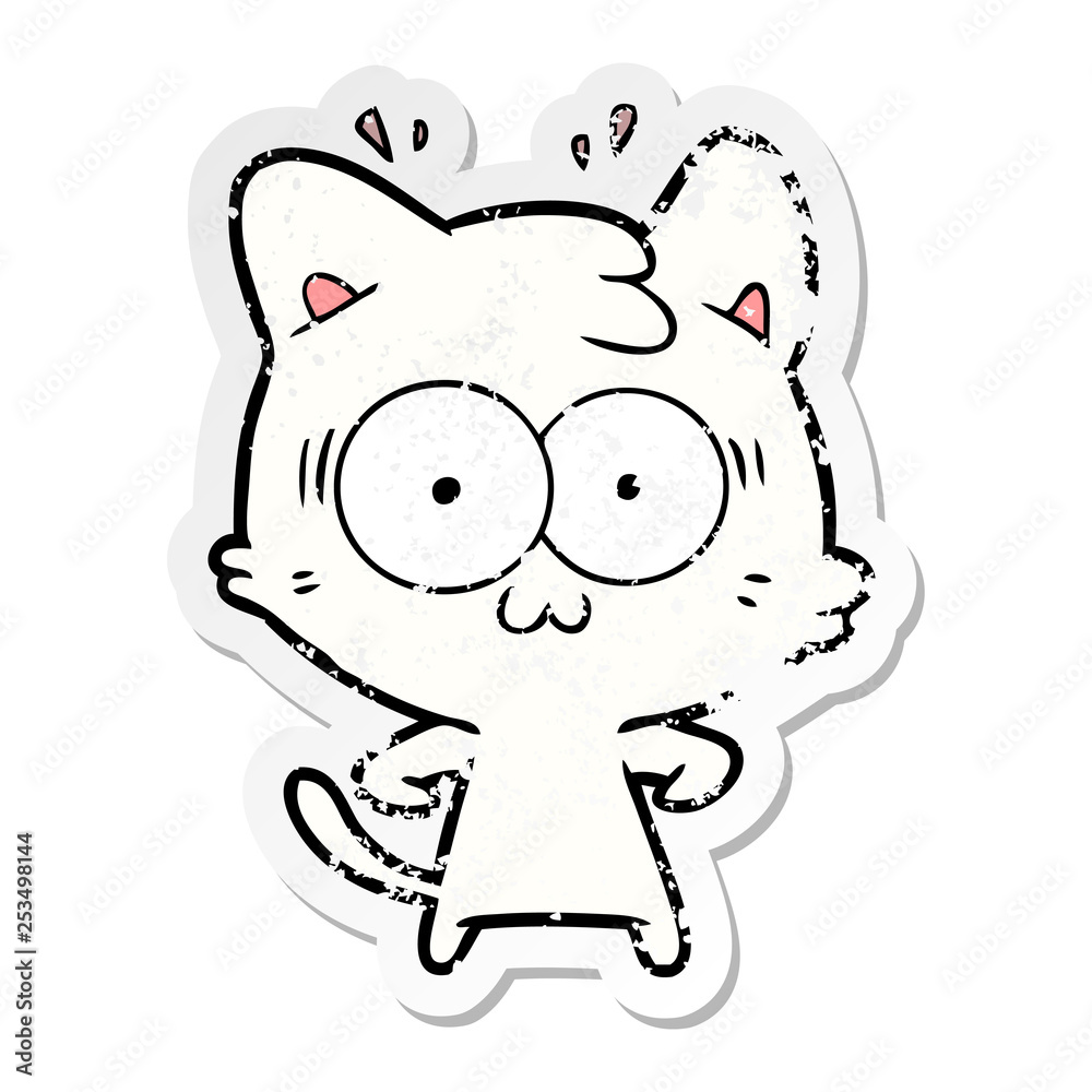 distressed sticker of a cartoon surprised cat distressed sticker of a cartoon surprised cat