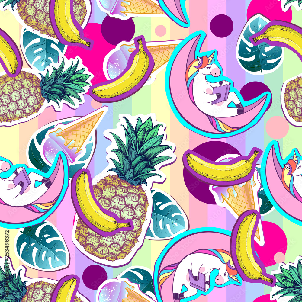 Obraz premium Summer seamless pattern with unicorn and pineapple. Zine Culture style summer cut out background