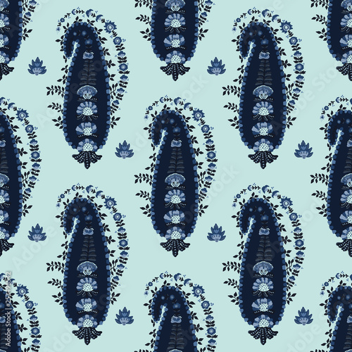 Indigo blue hand drawn arabesque floral paisley damask illustration. Seamless vector pattern all over print. Traditional persian flower foulard drop. Decorative stylized shawl fashion dyed home decor.