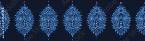 Indigo blue dye paisley damask border illustration. Hand drawn seamless vector ribbon trim pattern. Arabic indian style foulard drop motif. Asian fusia shawl design, bandana print, boho persian decor.