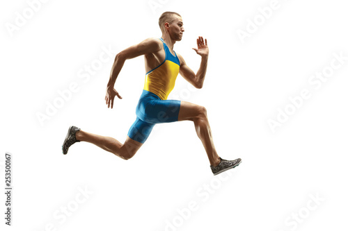 Young caucasian man running isolated on white studio background. One male runner or jogger. Silhouette of jogging athlete with shadows. © master1305