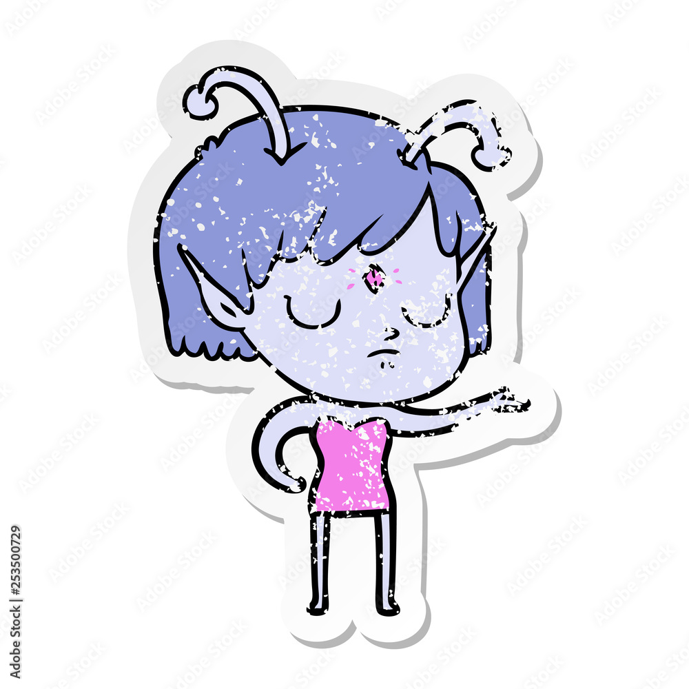 distressed sticker of a cartoon alien girl distressed sticker of a cartoon alien girl