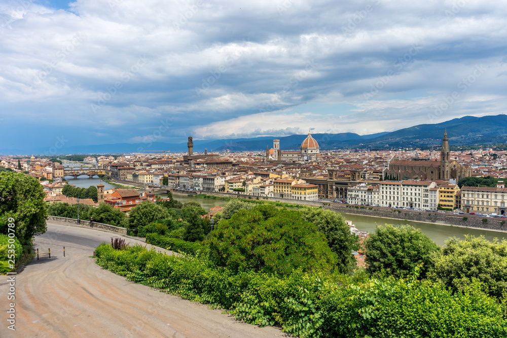 Panaromic view of Florence with Basilica Santa Croce, Palazzo Vecchio, Ponte vecchio and Duomo viewed from Piazzale Michelangelo (Michelangelo Square)