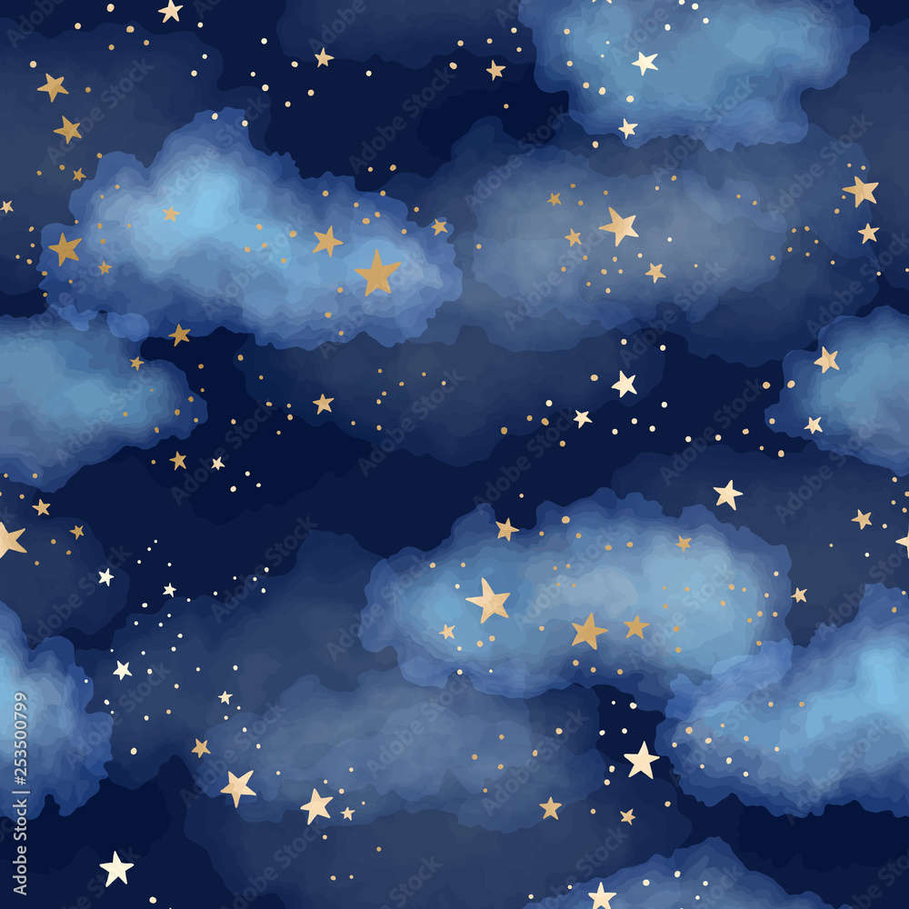 Seamless dark blue night sky pattern with gold foil constellations, stars and watercolor clouds - obrazy, fototapety, plakaty 