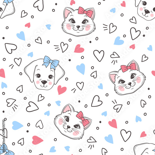 Pink seamless childish pattern with hearts and cute cartoon cats and dogs