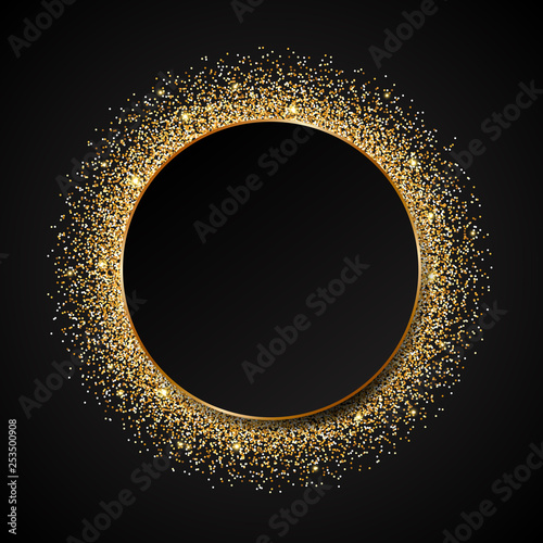 Vector template with golden sparkle glitter. Shining gold circle frame on black background