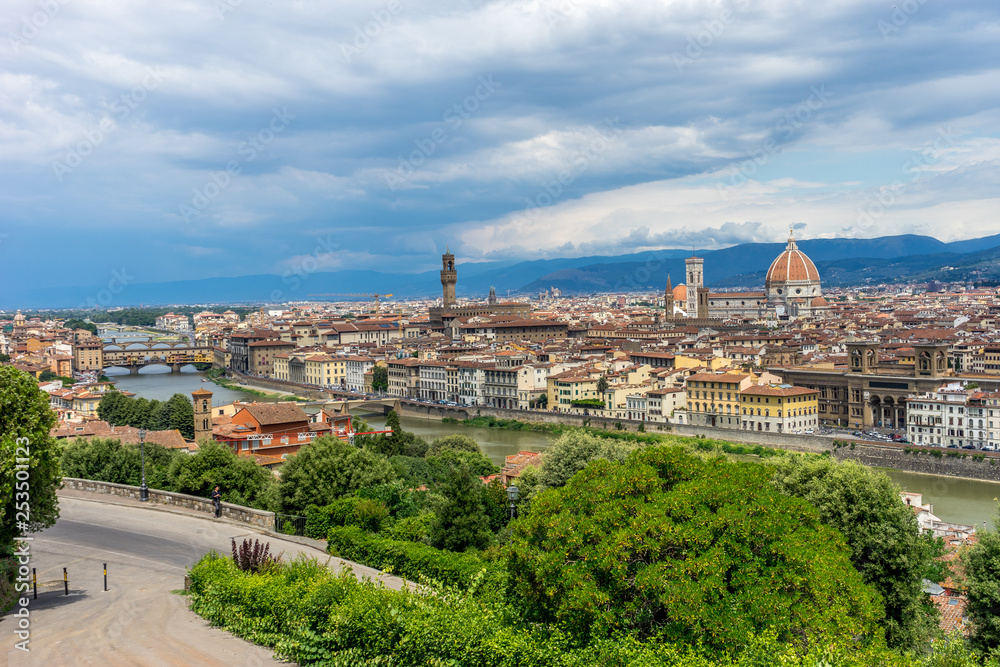 Panaromic view of Florence townscape cityscape viewed from Piazzale Michelangelo (Michelangelo Square) with ponte Vecchio and Palazzo Vecchio and Duomo