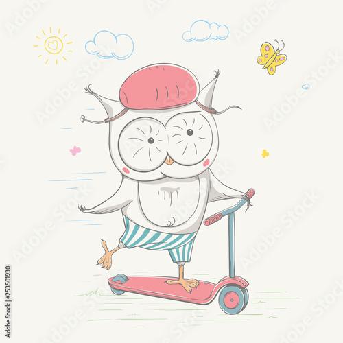 Lovely cute owl rides the scooter with the butterfly. Young dressed owl. Summer series of children's card