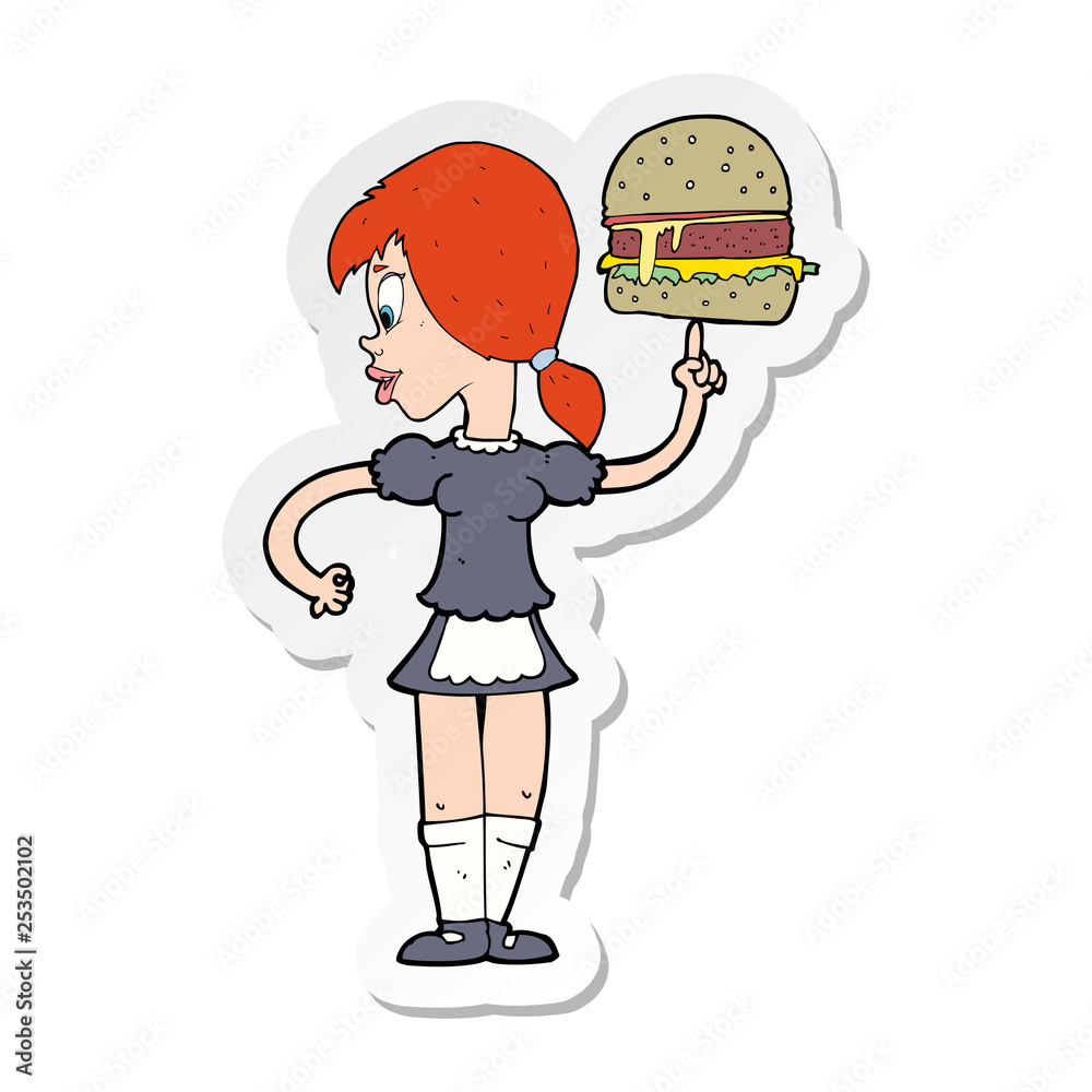 sticker of a cartoon waitress serving a burger sticker of a cartoon waitress serving a burger