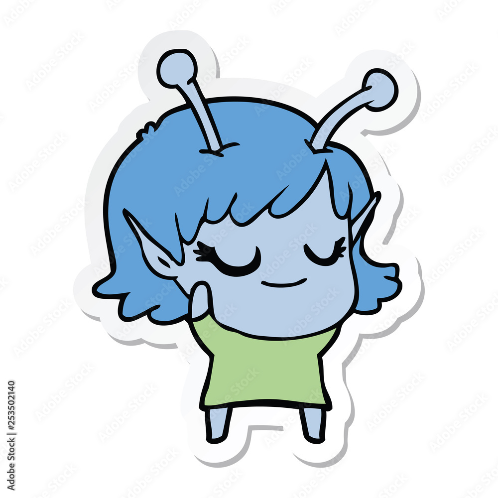 sticker of a smiling alien girl cartoon sticker of a smiling alien girl cartoon
