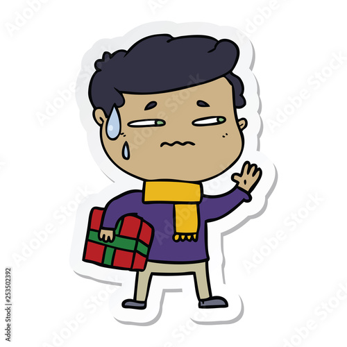 sticker of a cartoon anxious man with christmas gift