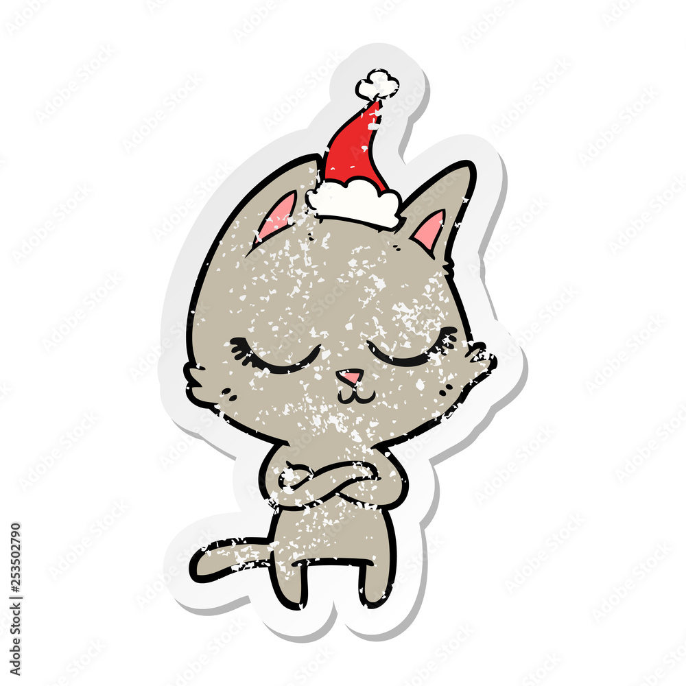 calm distressed sticker cartoon of a cat wearing santa hat calm distressed sticker cartoon of a cat wearing santa hat