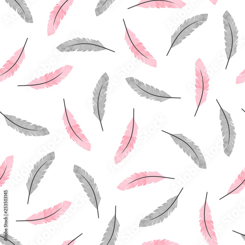 Seamless watercolor feathers pattern. Vector background.