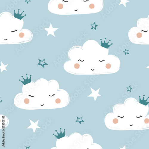Seamless cute cartoon clouds pattern. Baby print.