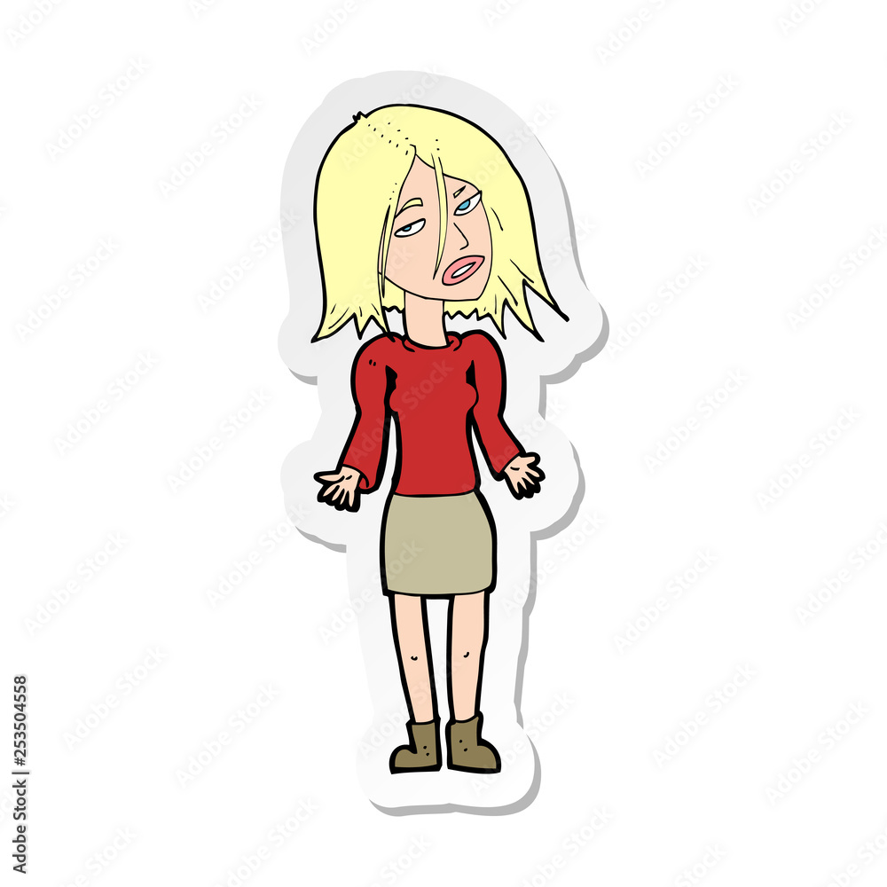 sticker of a cartoon woman shrugging shoulders sticker of a cartoon woman shrugging shoulders
