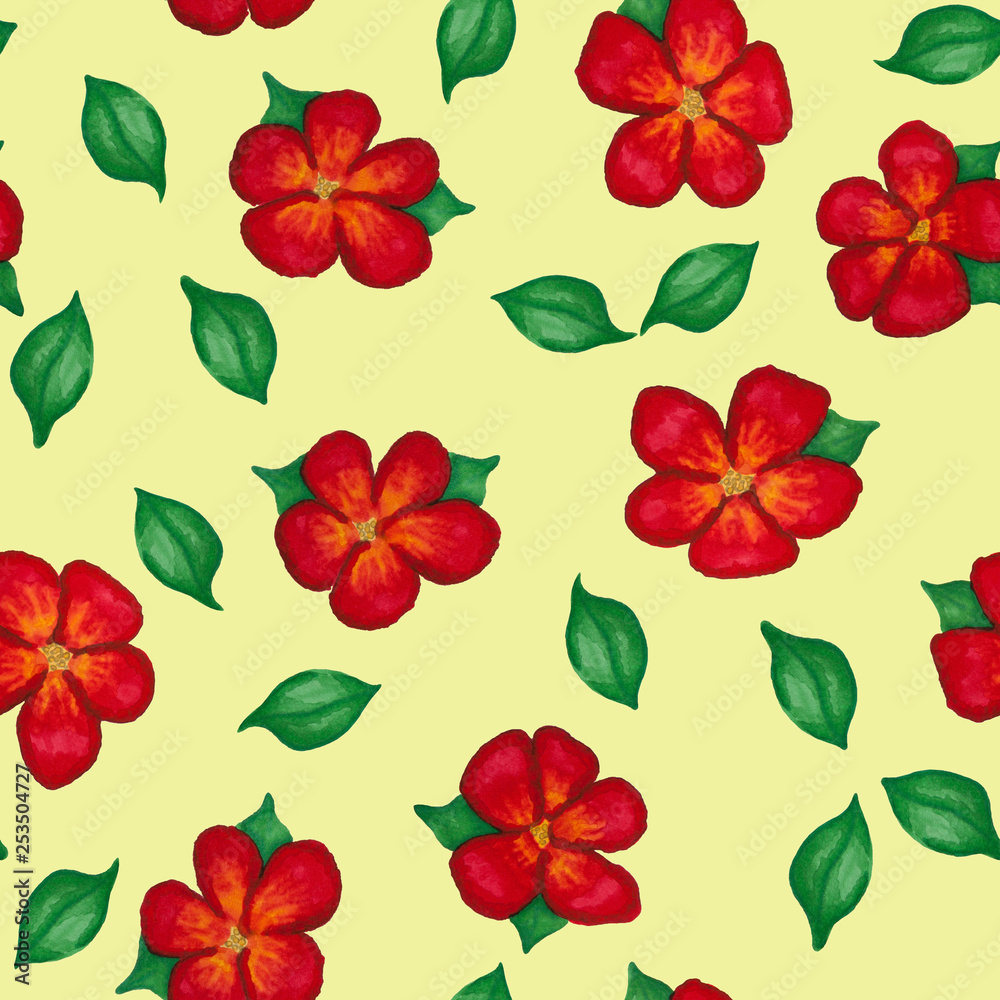 Red flowers drawing, seamless pattern on yellow background