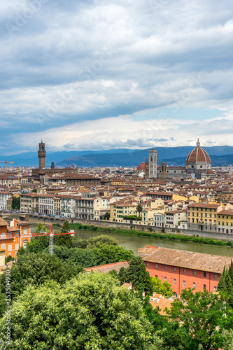 Panaromic view of Florence townscape cityscape viewed from Piazzale Michelangelo (Michelangelo Square) with ponte Vecchio and Palazzo Vecchio with lightningPanaromic view of Florence townscape citysca