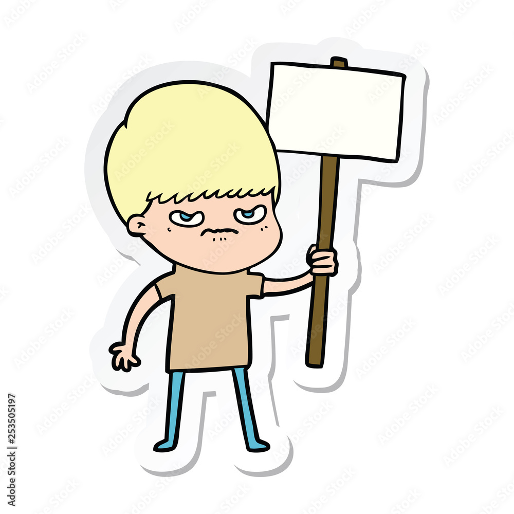 sticker of a angry cartoon boy protesting sticker of a angry cartoon boy protesting