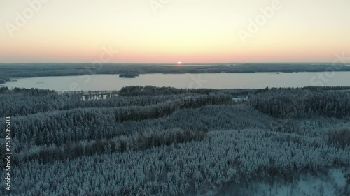 Aerial, drone shot, over snowy trees and finnish forest, at sunset, towards the frozen lake Saimaa, on a sunny, winter evening, at Pyhaselka, Vuoniemi cape, in Pohjois-Karjala, Finland photo