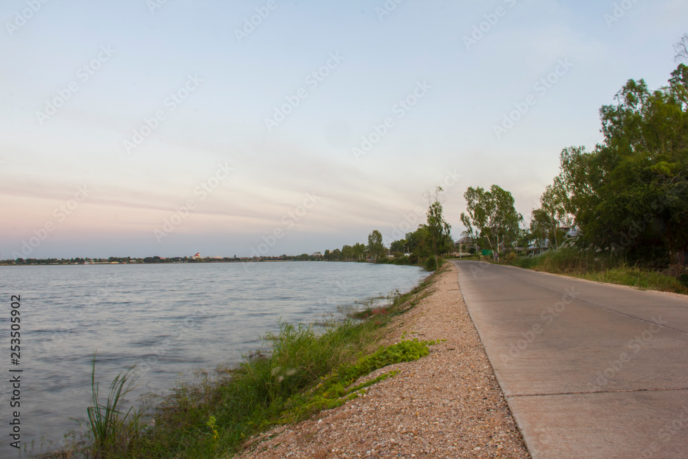 concrete street view with big lake concrete street view with big lake