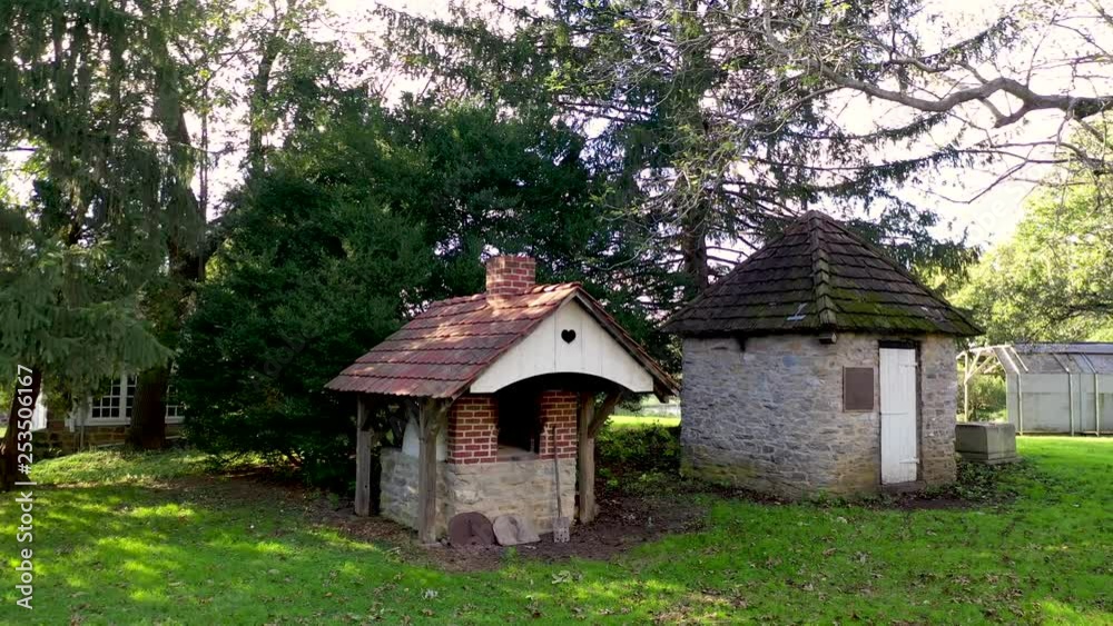Aerial pan across outside brick oven and outbuilding, at the Herr House, a historical landmark, Lancaster County Concept: National Park Service, Historic Places, Mennonite, colonial America, Amish Aerial pan across outside brick oven and outbuilding, at the Herr House, a historical landmark, Lancaster County Concept: National Park Service, Historic Places, Mennonite, colonial America, Amish