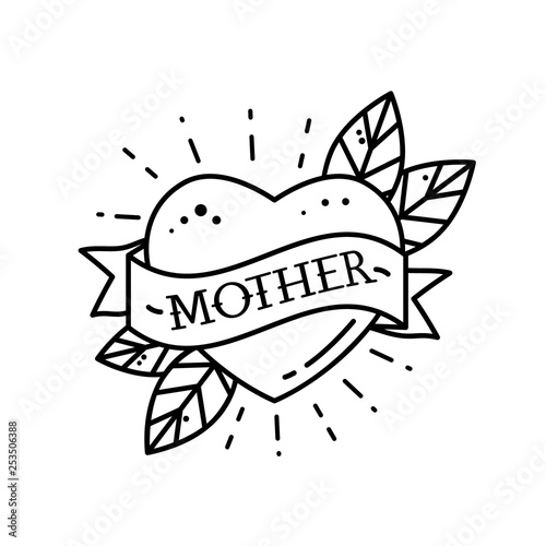 Heart with ribbon and inscription Mom. Greeting retro greeting card element for Mother's Day. vintage tattoo. flat vector illustration isolated