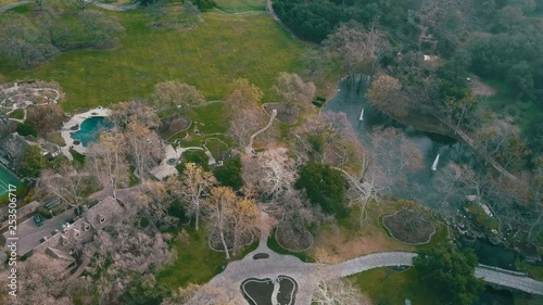 Aerial view of drone flying around Michael Jackson's former house. Neverland Ranch in the hills of Santa Barbara County photo