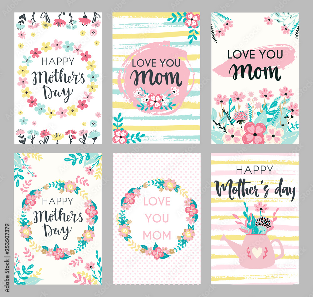 Set of Mothers day greeting cards. Collection of textured delicate Happy Mother's day greeting cards with flowers and wreaths