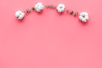 Flowers border with eucalyptus branches and dry cotton on pink background top view space for text. Blog mockup