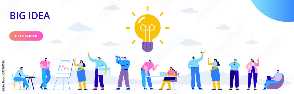 Flat business people with big Light Bulb Idea. People working together on new Project.  Creativity, Brainstorming, Innovation concept.  Flat Vector illustration.
