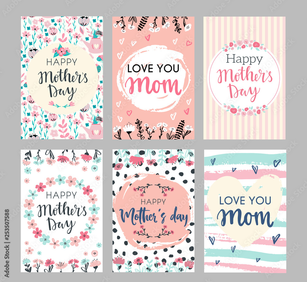 Set of Mothers day greeting cards. Collection of textured delicate Happy Mother's day greeting cards with flowers and wreaths Set of Mothers day greeting cards. Collection of textured delicate Happy Mother's day greeting cards with flowers and wreaths
