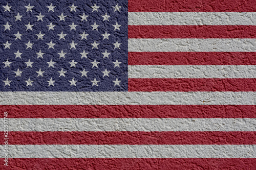 USA Politics Or Business Concept: US Flag Wall With Plaster, Background Texture