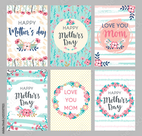 Set of Mothers day greeting cards. Collection of textured delicate Happy Mother s day greeting cards with flowers and wreaths