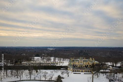 aerial of long island new york with snow