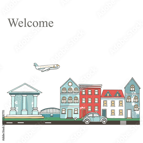 Urban landscape. Modern buildings and suburb with private houses. Flat city. Hand drawn clip art Design style modern vector illustration concept. Grunge style texture