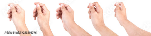 Multiple of Male Caucasian hand gestures isolated over the white background. HAND HOLDING CARD.