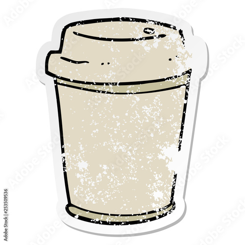 distressed sticker of a cartoon takeout coffee cup