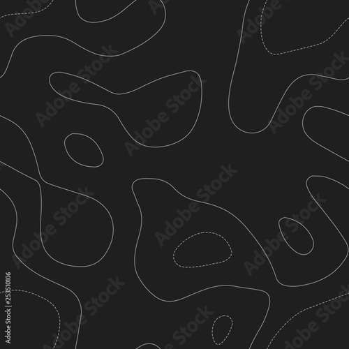 Terrain topography. Admirable topography map. Dark seamless design, actual tileable isolines pattern. Vector illustration.