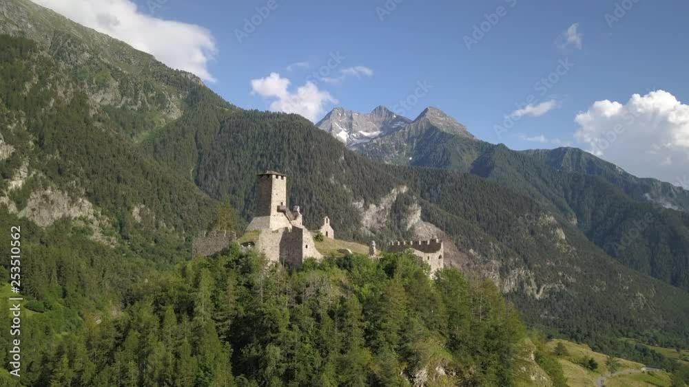 Aerial drone video in summer season of ancien fortified Graines Castle, in Valle D’Aosta, Italy.