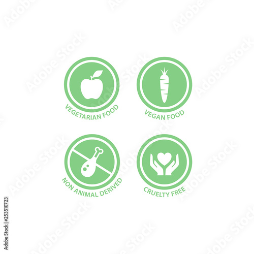 Vegan, vegetarian, cruelty free and non animal derived vector label set. Food ingredients badge stickers.