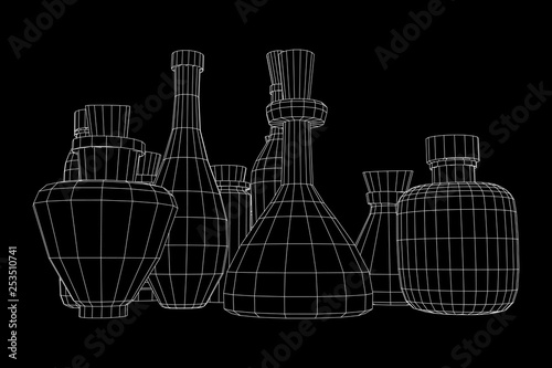 Different wine bottles. Model wireframe low poly mesh vector illustration
