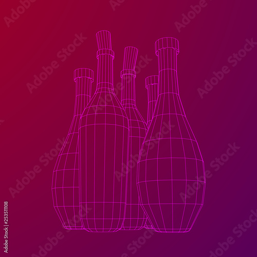Different wine bottles. Model wireframe low poly mesh vector illustration