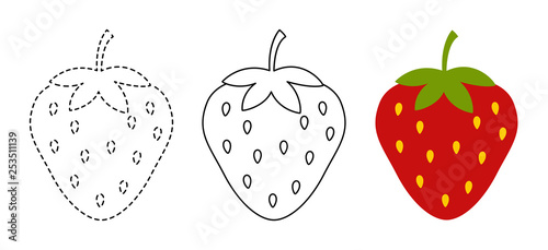 Strawberry to be colored and trace line educational game for kids