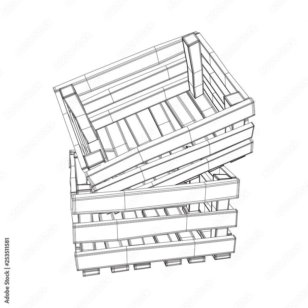 Wooden box for transportation and storage of products. Empty crate for fruits and vegetables. Model wireframe low poly mesh vector illustration