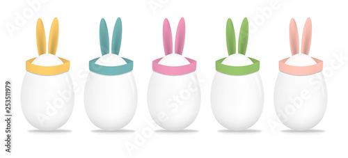 Set of blank eggs with funny Easter decorations of bunny ears pastel colors isolated on white background, vector illustration