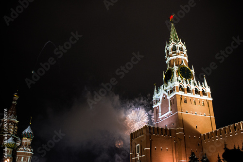 salute in honor of the new year 2019 on red square against the Kremlin, Spasskaya tower and St. Basil's Cathedral